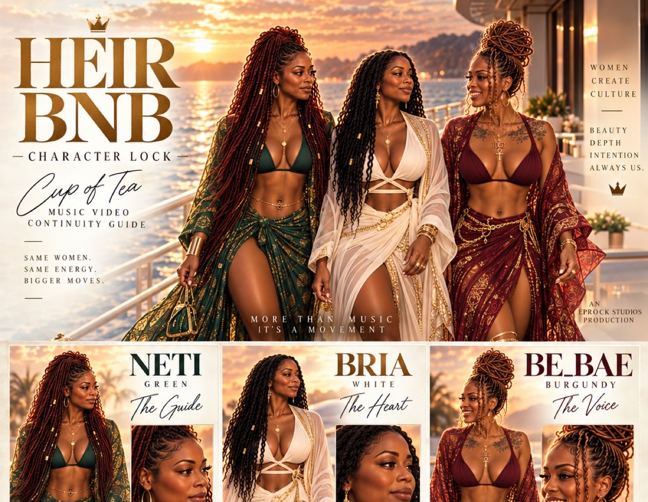 Neti Green, Bria White, and Be_Bae Burgundy — the HEIR BNB trio — walking on deck at sunset